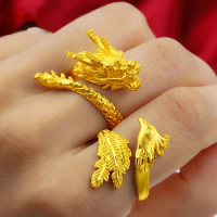 High Quality 999 Pure Gold Color Phoenix Dragon Coupon Ring for Lover Men Women Couple Ring Wedding Finger Rings Fine Jewelry