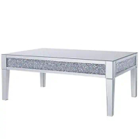 Mirrored Wood Coffee Table with Faux Crystals Inlay Silver Block Legs Apron Panels 48.1"x29.2"x19.3" Easy to Clean Rectangle