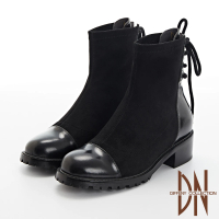 【DN】短靴_牛皮拼接異材質粗跟後綁帶造型短靴(黑)