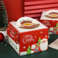10pcs 4/6/8 Inch Christmas Cake Box New Year Party Hanmade Dessert Decoration For Home Handle Paper Boxes Santa Claus