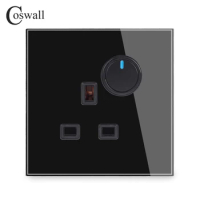 Coswall Glass Panel Wall 13A BS British Socket + 1 Gang 2 Way Pass Through On / Off Light Switch Switched With LED Indicator