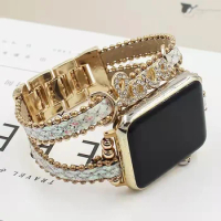 Luxury Leather Strap For Apple Watch 7 41mm/45mm 44mm/40mm 38mm 42mm women Metal charm bracelet iwatch series 5 4 3 6 SE band