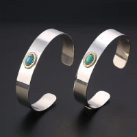925 Sterling Silver color Green Blue Stone Indian Style Cuff Bangle Bracelet Men Women 12mm Band Handmade Thai Silver Jewelry