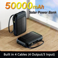 Solar Power Bank 50000MAh Large Capacity Built Cables With Four-wire External Charger Powerbank LED Light For Xiaomi iphone
