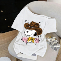 Tshirt Kaos Lengan Pendek Offshoulder Cartoon cowboy letter pattern print baju Crop top wanita retro