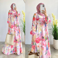 Larissa Gamis Muslim Wanita Rayon Set Hijab Bergo Daily Motif Bunga