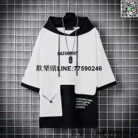 【歡樂購】韓版男生連帽短袖T恤男潮牌拼接上寬鬆短袖潮流青年百搭5五分袖 歐美T恤男 連帽T