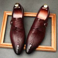 Crocodile Pattern Mens Wedding Monk Strap Dress Shoes Genuine Calf Leather Formal Shoes Double Buckles Luxury Pointed Tip Shoes