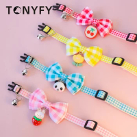 Cartoon Plaid Pet Collar Cherry Panda Strawberry Flower Colorful Dog Safety Buckle Necklace with Bell Anti-lost Pet Supplies