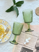 玻璃清新葉子浮雕高腳杯vintage復古綠色紅酒杯子飲料杯葡萄酒杯