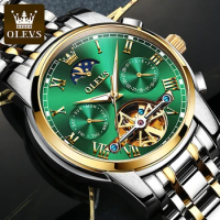 OLEVS Mens Watches Top Brand Luxury Gold Plated Men Green Water Ghost Mechanical Watch Watch Fashion Hollow Dial Waterproof 6617