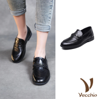 【Vecchio】真皮樂福鞋 低跟樂福鞋/全真皮頭層牛皮個性馬銜釦飾低跟樂福鞋(黑)