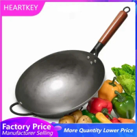 Wok Burner Traditional Authentic Hand Hammered Carbon Steel Round Bottom Stir Fry Pans Birch Handle Wok Pan