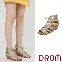 【DROM】坡跟涼鞋 魚口涼鞋/時尚歐美縷空線條綁帶魚口露趾坡跟涼鞋(杏)