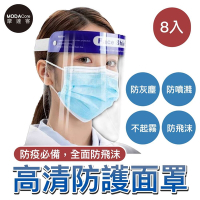 摩達客 藍帶頭戴式透明防疫面罩8入優惠組(成人隔離防護面罩/全臉)