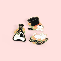 Cute White Cat Enamel Pins Black Magic Hat Flask Pot Brooches Lapel Badges Women Clothes Bag Animal Pins Jewelry Gift for Friend
