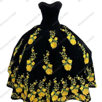Modest Yellow Printed Floral Flowers Black Velvet Ball Gown Quincaenera Dress Mexican Charro XV Sweet 15 Party Formal Prom Dress