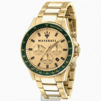 【MASERATI 瑪莎拉蒂】瑪莎拉蒂男錶型號R8873640005(金色錶面綠金錶殼金色精鋼錶帶款)