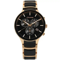 【LICORNE】三眼計時 都會時尚 陶瓷不鏽鋼手錶 黑x玫瑰金 42mm(LT153MTBI-R)_翡仕