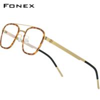 FONEX Acetate Alloy Glasses Men Eyeglasses Frame High Quality Square Korean Screwless Eyewear 98628
