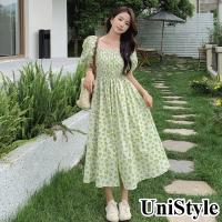 【UniStyle】現貨 碎花短袖洋裝 方領泡泡袖小清新 女 ZM168-9375(綠色碎花)