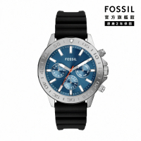 【FOSSIL 官方旗艦館】Bannon 蔚藍品味三眼指針手錶 黑色矽膠錶帶 45MM BQ2843