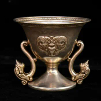 Collect China White Copper Wealth Bat Two Dragon Head Statue Cup Oxhorn Goblet Home Decor Collection Ornaments