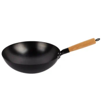 Round Bottom Wok 32cm Pre-Seasoned Carbon Steel Wok No Chemical Coating Traditional Woks for Gas Cooktops Nonstick | Black