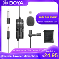 BOYA BY-M1 Pro Lavalier Microphone -10dB Pad Switch for iPhone Android Smartphone Canon Nikon DSLR Camera Audio Recorder PC Mic