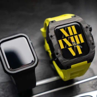 Carbon Fiber Modification Kit for Apple Watch 9 8 7 6 5 4 SE Refit Luxury Case +Fluororubber strap for iWatch 45mm 44mm Band