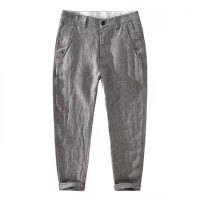Summer Thin Casual Linen Men's Pants Small Feet Cropped Pants Slim Fit Yarn-dyed Cotton Linen Pants Trendy Linen Pants