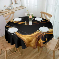 Marble Texture Black Round Tablecloths for Dining Table Waterproof Table Cover for Kitchen Living Room