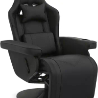 MoNiBloom Gaming Recliner Chair - PU Leather, Adjustable Lumbar Support &amp; Headrest, Iron Round Base - Black