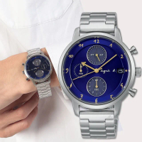 【agnes b.】紳士太陽能三眼計時手錶-藍/40mm(BZ6007X1/VR43-KMJ0B)