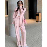Spring Winter Fashion Two Pieces Blazer and Pants Set for Women Pink Clothes Office Lady 2 Pieces Jacket Suit Streetwear Autumn