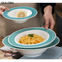 商用手繪藍邊大號湯碗陶瓷餐館水煮魚碗酸菜魚盆家用高腳深菜湯碗