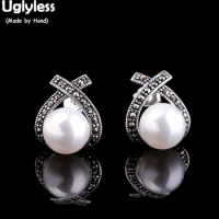 Uglyless Exotic Thai Silver Cross Stud Earrings for Women 925 Silver Earrings Gemstones Pearl Chalcedony Brincos Jewelry E1453