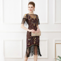 1920S Retro Ball Gown with Embroidery and Tassels, Cocktail Party Plus Size Sequin Beaded Mesh Dress