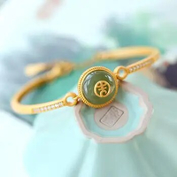 Original S925 Sterling Silver Gold Plated Natural Hetian Jade Peace Buckle Ji Character Ancient Royal Court Open-End Bangle