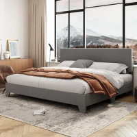 King Size Platform Bed Frame With Adjustable Upholstered Headboard Easy Assembly Heavy Duty Mattress Foundation Noise-Free Home