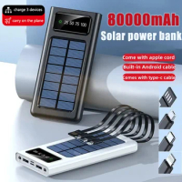 Solar Power Bank Built Cables 80000mAh Solar Charger 2 USB Ports External Charger Powerbank With LED Light For Xiaomi iphone New