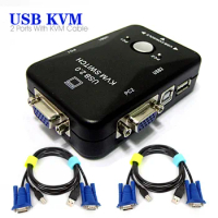 2 USB 2.0 Port KVM Switch Box Mouse / Keyboard / VGA Video With 2 KVM Cables