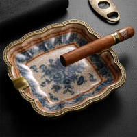 Luxury Cigar Ashtray Ceramic Cigarette Saucer Bronze Bordered Cigar Ashtray 2 Slot Beautiful Cigar Ashtray Holder Household