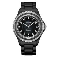 RHYTHM日本麗聲 璀璨奢華鑲鑽日期顯示窗格陶瓷腕錶-黑/49.3mm