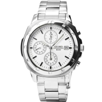 【SEIKO 精工】精工三眼計時鋼帶錶-白(SND187P1)