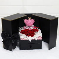 Valentine's Day Bear Eternal Flower Gift Box Double Open Door Rose Necklace Jewelry Box Christmas Gift Lipstick Packaging Box