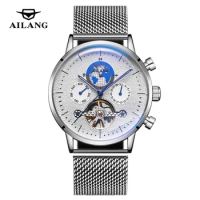 AILANG New Silver Automatic Watch Stainless Steel Mesh Mens Wristwatches Moon Phase Military Watches Tourbillon Montre Homme