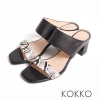 【KOKKO 集團】寬版造型柔軟羊皮粗跟涼鞋(黑色)