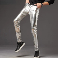 Silver Shiny Motorcycle PU Leather Pants Mens Brand Skinny Disco Party Halloween Trousers Men Stage Prom Singer Costume Pants