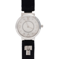 LV Q12MG1 TAMBOUR小牛皮鎖頭造型原花鑲鑽錶盤石英腕錶(藍/28mm-展示品)